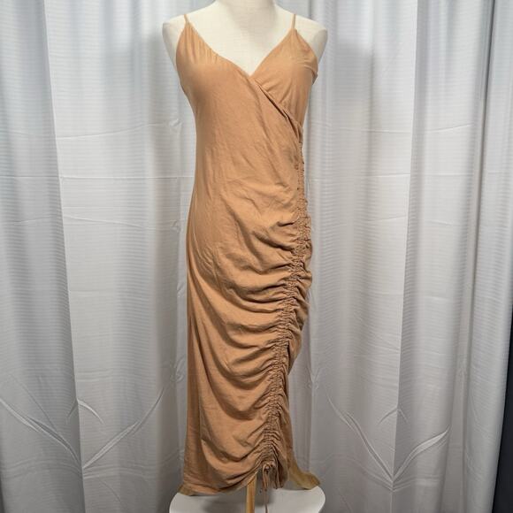 Privacy Please Lia Midi Dress Sleeveless Ruched Clay Tan Women’s Size Medium - Picture 2 of 10